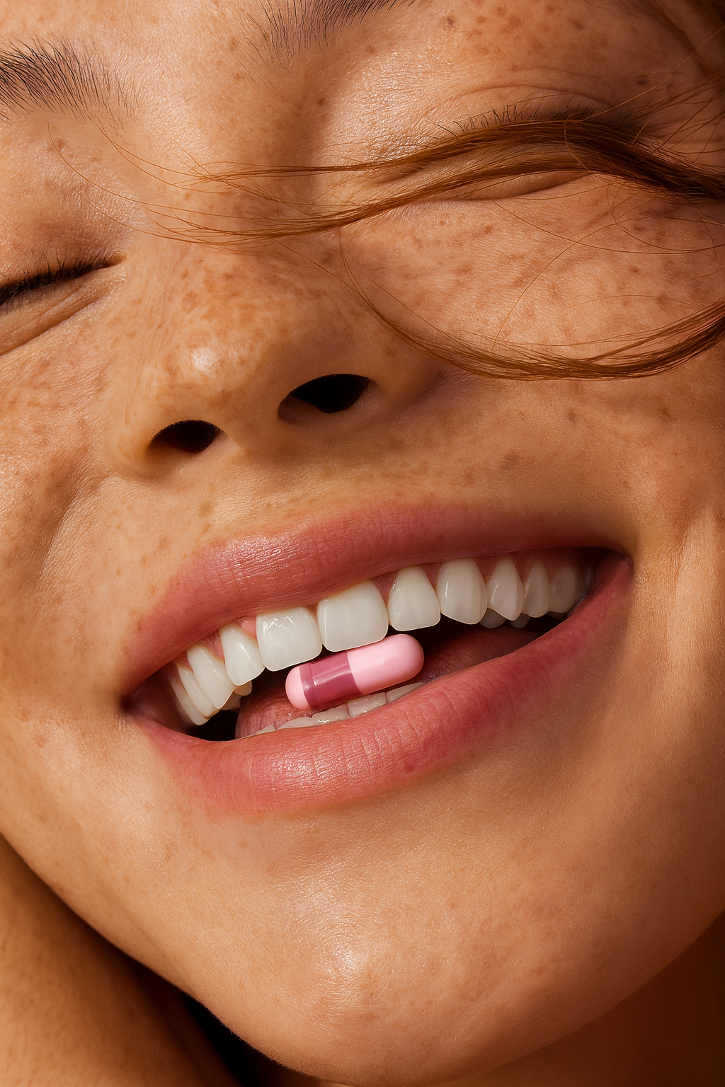 Um close-up da boca de uma pessoa com uma pílula rosa e rosa escuro sobre a língua, parcialmente entre os lábios. A pessoa tem sardas no nariz e nas bochechas, e seus olhos estão fechados em um sorriso.
